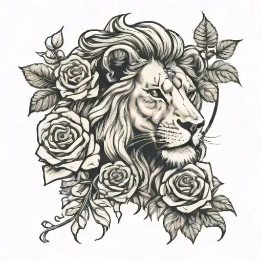 lion and roses intertwined tattoo design idea