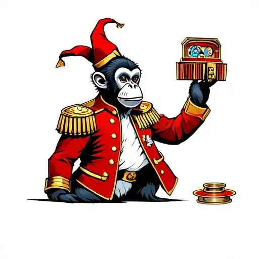 A monkey in a red military general jacket with gold shoulder pads, holding Shaco’s W jack-in-the-box instead of cymbals, tattoo design idea