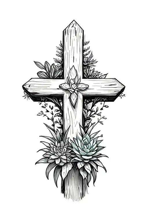 succulents and house plants growing around and from a wooden cross  tattoo design idea