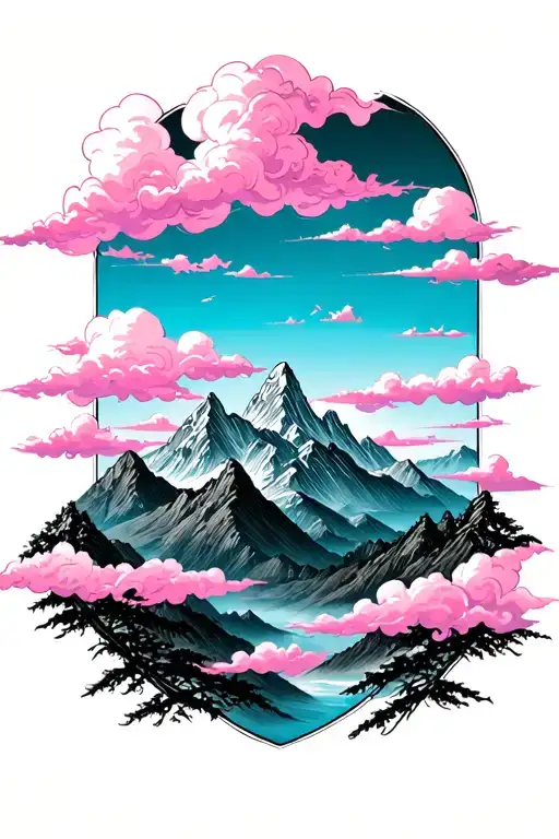 A serene landscape tattoo featuring pink clouds floating over majestic mountains, symbolizing the beauty of nature and the peacefulness of the sky tattoo design idea