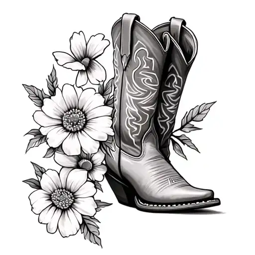 make me a cowboy boot tattoo with 5 birth flowers: 2 March, 1 January, 1 August, and 1 April,  tattoo design idea