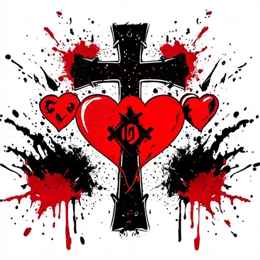 3 hearts and cross in the middle with love inside the cross tattoo design idea