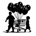 silhouette of a child walking while holding his fathers hand, leading him away from shopping cart with black balloons tattoo design idea