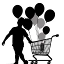silhouette of a child walking while holding his fathers hand, leading him away from shopping cart with black balloons tattoo design idea