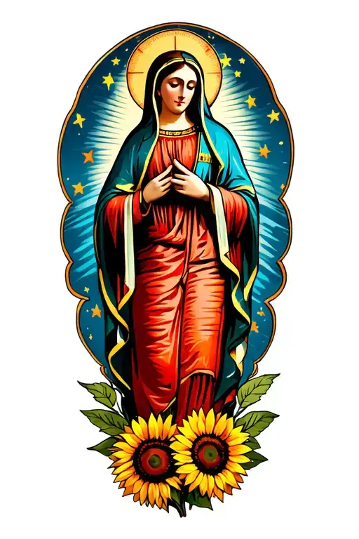 The virgin of guadalupe looking down to her left in disgrace, sunflowers at her feet and her mantle with stars tattoo design idea