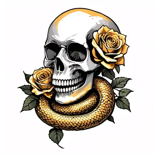 golden skull, rose intertwined and a snake tattoo design idea
