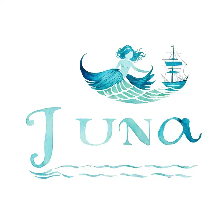 The name Juna graphically represented, merged with images such as mermaid, wave, ship - so no letters tattoo design idea