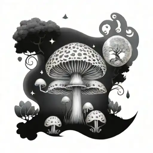 mushroom fairy tree moon sacred geometry tattoo design idea