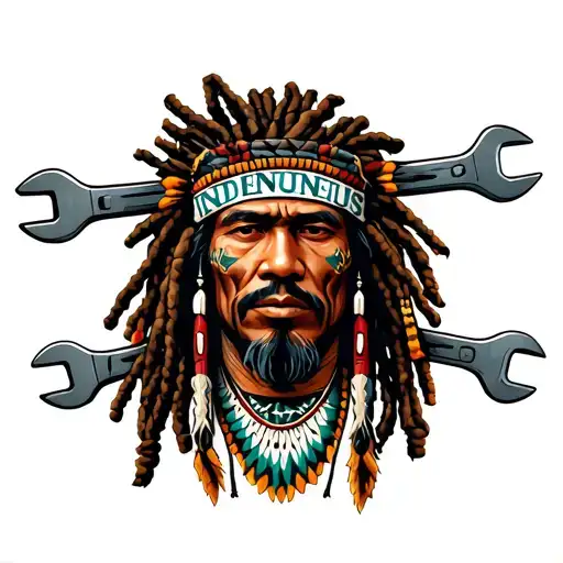 "Indigenous Plumbing " dreadlock Native American with face tattoo holding wrenches  tattoo design idea