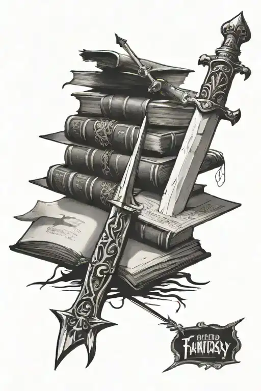 Stack of fantasy books with a sword coming from the top open book tattoo design idea