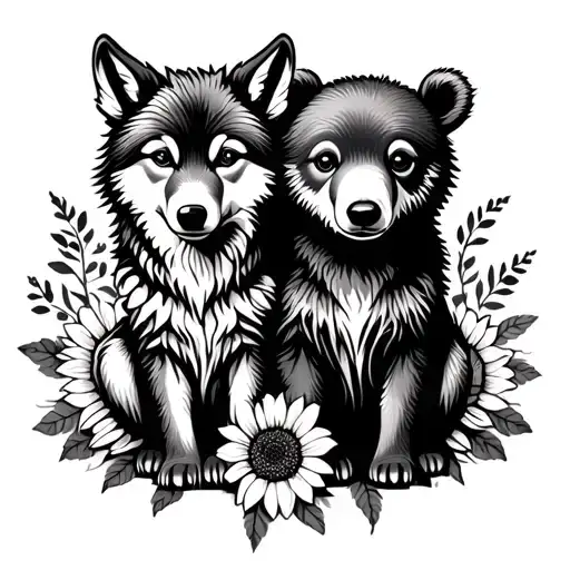 baby wolf and baby bear sitting with sunflowers and roses  tattoo design idea