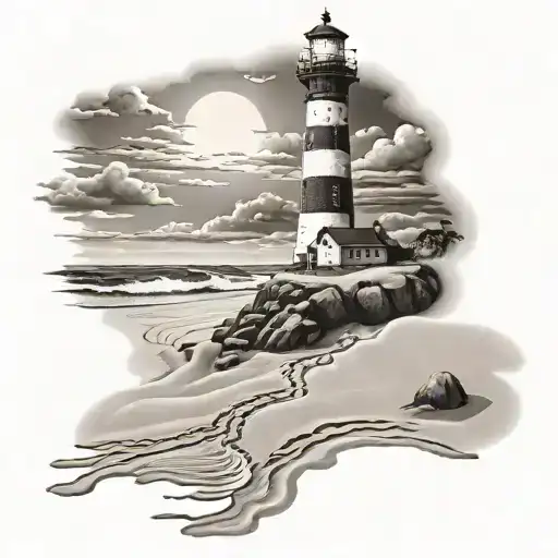 lighthouse overlooking sandy beach with footprints in the sand tattoo design idea