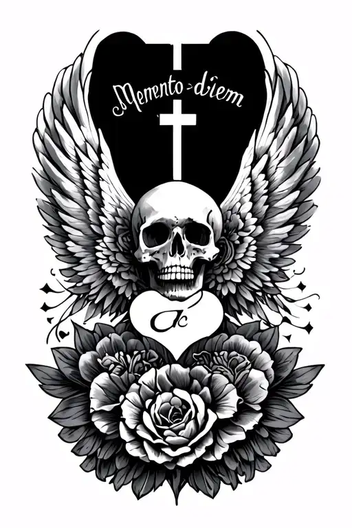 wing with carpe diem memento mori and memento amoris  tattoo design idea