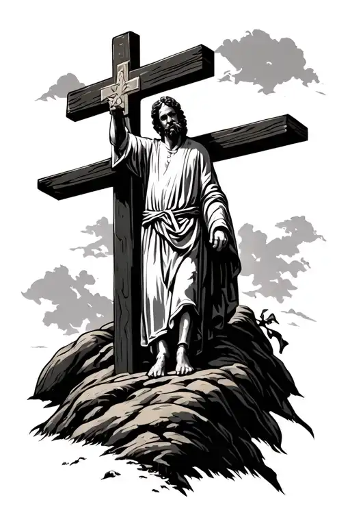 hill of Calvary with man in robe in foreground In tattoo design idea