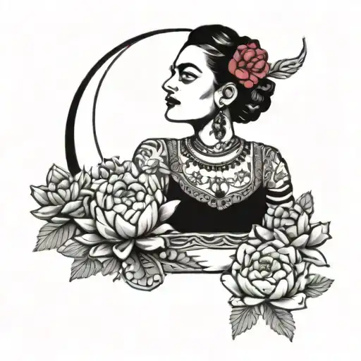 Frida Kahlo succulents surrounding crescent  moon   tattoo design idea
