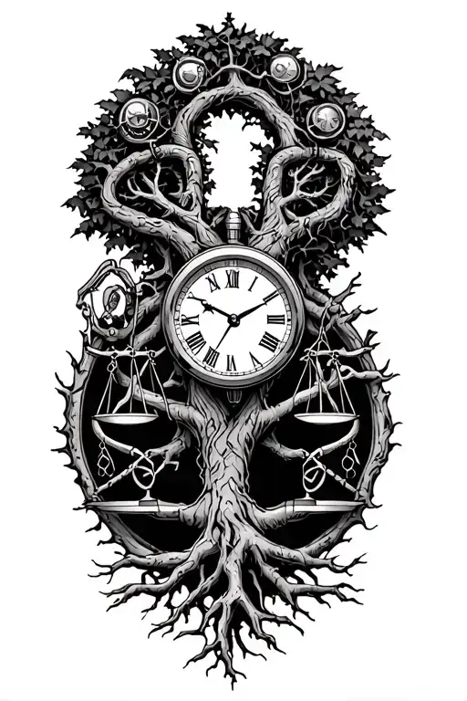 midevil tree of life with roots, libra scales, v-twin engine and a clock intertwined  tattoo design idea