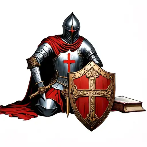 knight templar kneeling with bible shield and sword tattoo design idea