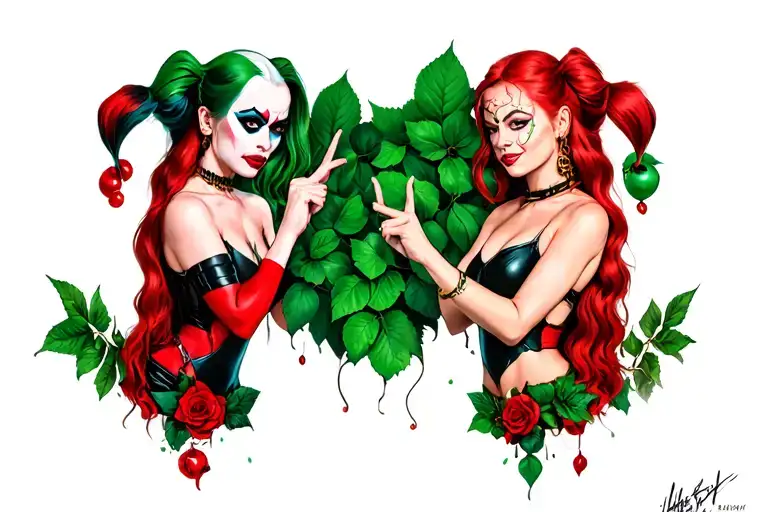 Harley Quinn and poison ivy doing a pinky promise tattoo design idea