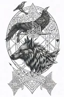 Design a geometric tattoo incorporating Sagittarius arrow motifs, Viking helmet details, and silhouettes of a crow and wolf tattoo design idea