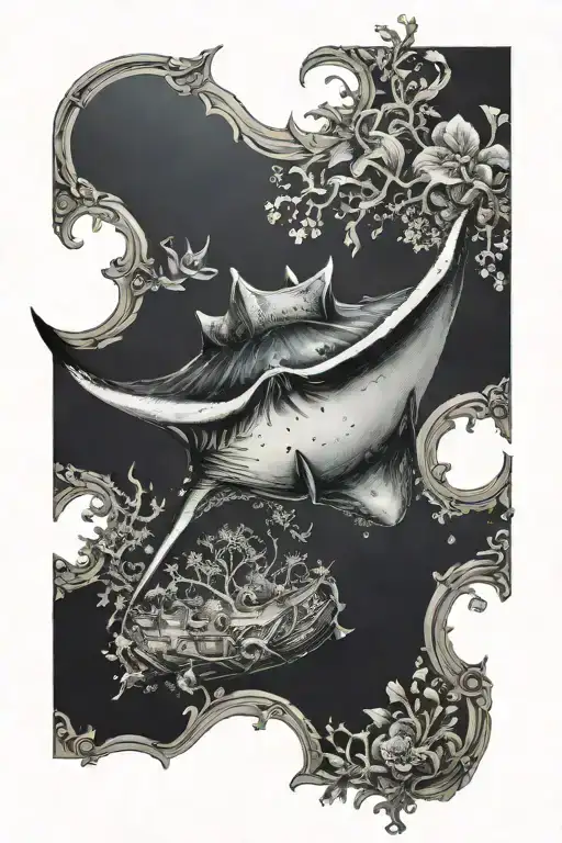 manta ray, ornament, sunken boat, underwater crater tattoo design idea