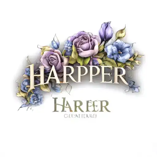 Harper name written with Flowers and gems scattered tattoo design idea