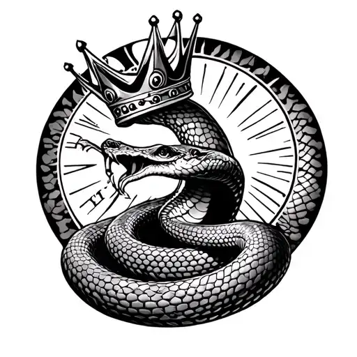 Sexy snake wearing a crown and eating "let them" with a sun in the background tattoo design idea