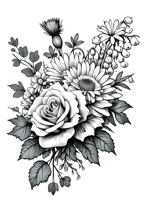 rose, thistle, shamrock, lily of the valley and chrysanthemum flower bouquet tattoo. tattoo design idea