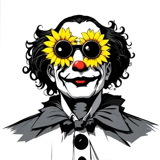 Art the clown from the movie Terrifier wearing sunflower sunglasses tattoo design idea