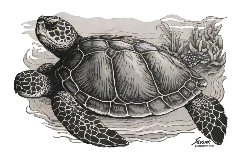 realistic sea turtle swimming. part of shell is replaced with a sunset image of a sunset in Maldives  tattoo design idea