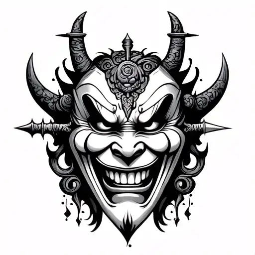 get an old school tattoo of a hannya mask with a dagger entering the top of the head and leaving the mouth tattoo design idea