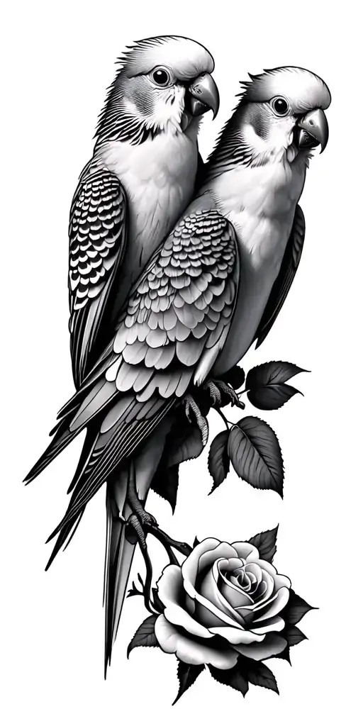 two Budgerigar and roses intertwined tattoo design idea