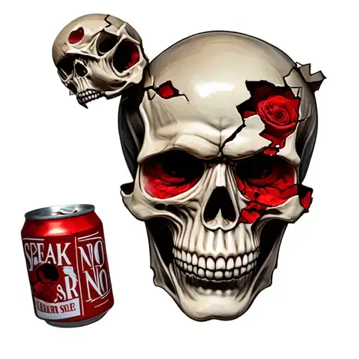 skull and 3 alcahol cans broken and crumpled each one with speak no see no and hear no evil spirit's inside  tattoo design idea