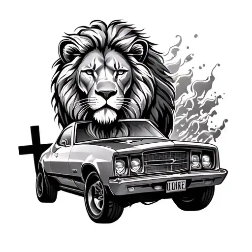 Pride, Willpower, Christian Cross, Lion and Car tattoo design idea