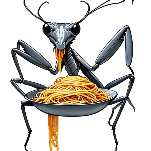 prey mantis eating spaghetti tattoo design idea