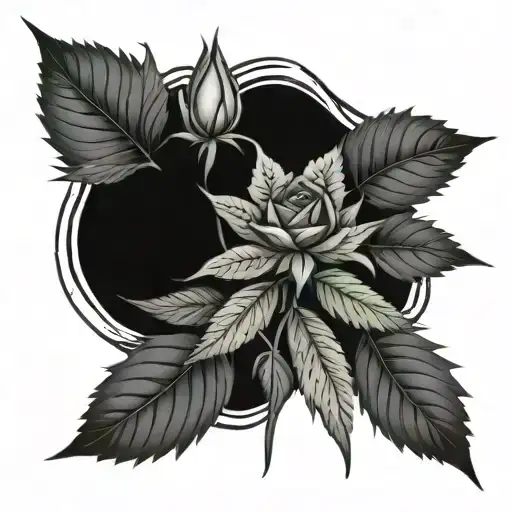 Cannabis bud with roses growing behind it and weed leafs wrapping behind  tattoo design idea
