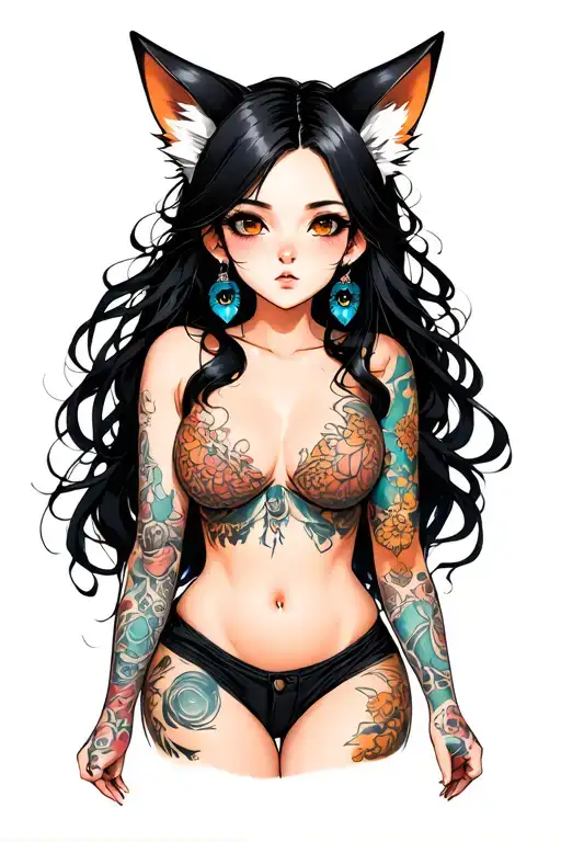 Girl with big breasts, with fox ears flowing sperm porn tattoo design idea
