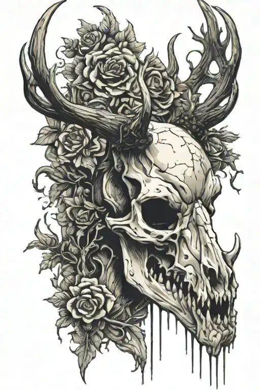 Deer skull with velvet hanging off anters tattoo design idea