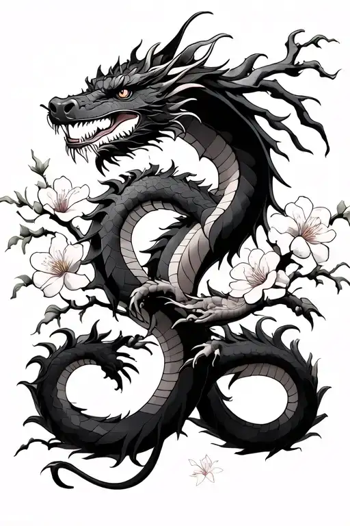 Japanese style dueling dragons intertwined, with cherry blossoms around. tattoo design idea