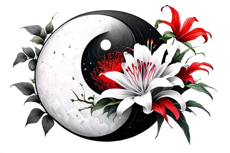 ying yang pices and red spider lily flower blooming tattoo design idea