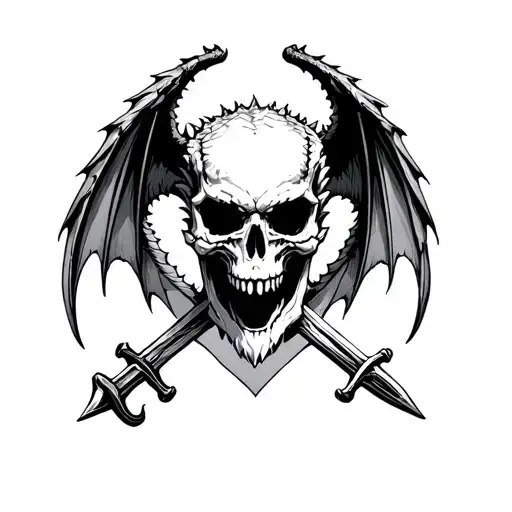 skull with dragon wings and sword behind, in black and white, gothic  tattoo design idea