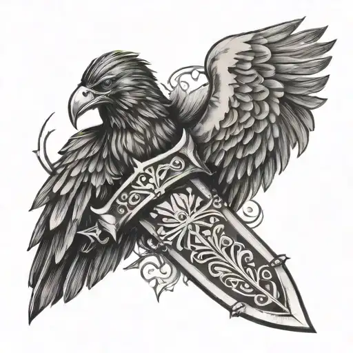 Ragnar Lodbrok sword with raven and shield tattoo design idea