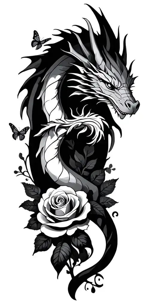 gothic  tattoo design with a dragon, small butterflies and rose tattoo design idea