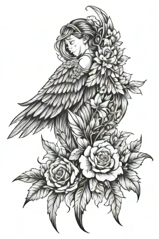 symmetrical angel wings with flowers incorporated into the feathers. feminine style similar to ACOTAR book theme. tattoo design idea