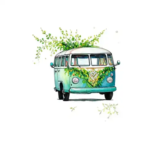 hippie bus with ivy plant tattoo design idea
