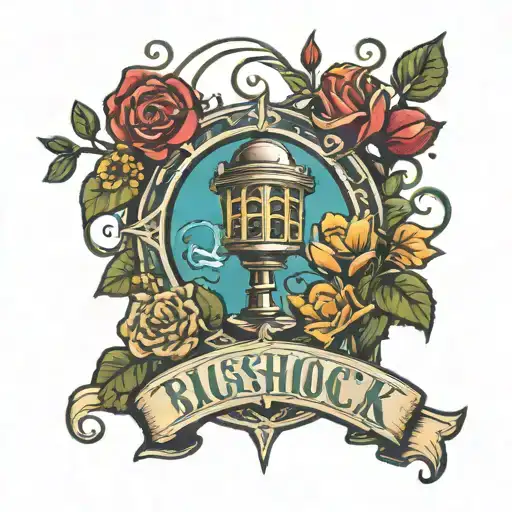 A traditional tattoo of a Bioshock logo intertwined with vines and flowers tattoo design idea