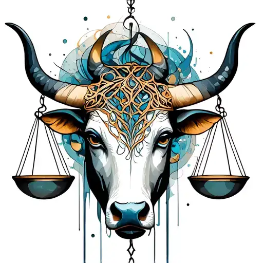 libra scales and feminine taurus bull tattoo design idea