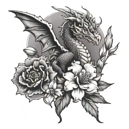 carnation, snowdrop, primrose, violet, dragon flying tattoo design idea