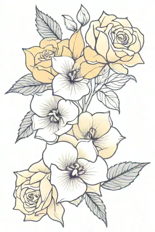 A simplistic bouquet of a yellow rose, purple hydrangeas, and a bluish purple orchid tattoo design idea