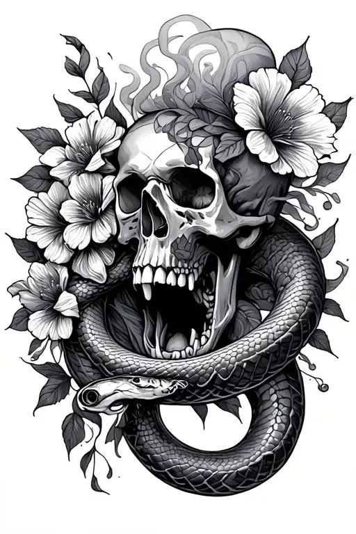 skull, smoke, snake coming out mouth , flowers wrapped tattoo design idea