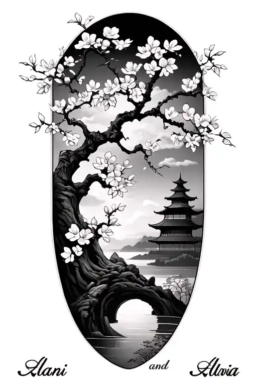Japanese style tattoo featuring a cherry blossom tree and the names Alani And Alivia somewhere in the tattoo tattoo design idea